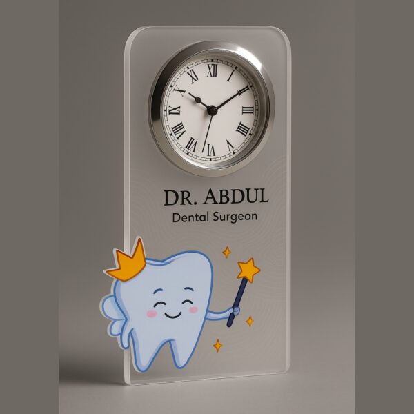 Acrylic table clock for dentists with personalized name, dental cartoon, and Roman numeral clock