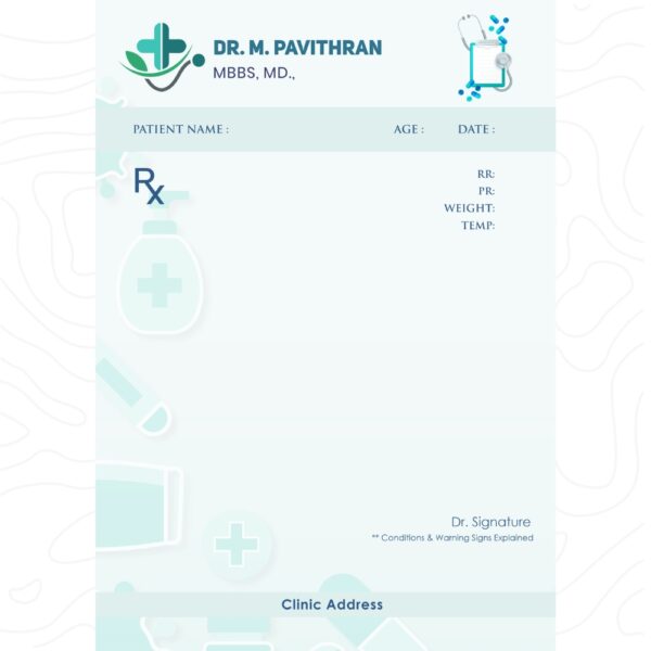 Personalized prescription pad for Dr. M. Pavithran with medical icons, Rx symbol, and structured patient details layout in a soft blue-green color scheme