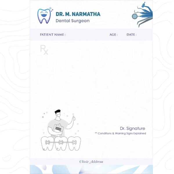 Personalized dental prescription pad for Dr. M. Narmatha featuring a cheerful tooth icon, dental tool illustrations, and a clean blue-themed design layout.