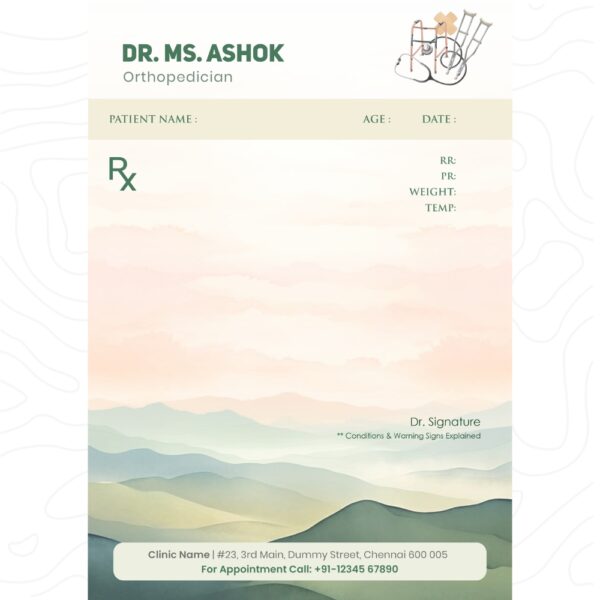 Custom orthopedic doctor prescription pad with soft mountain background, featuring Dr. MS. Ashok’s name, clinic details, and patient fields in an elegant green theme.