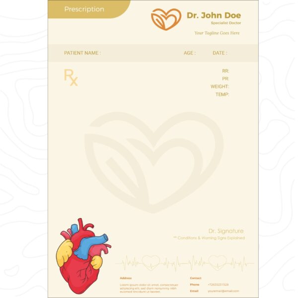 Custom cream-colored prescription pad with a stylized heart illustration and medical details layout for a specialist doctor.