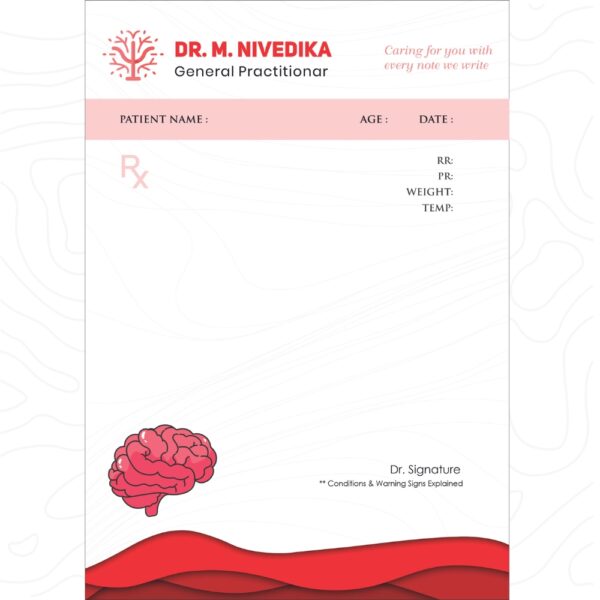 Personalized prescription pad in white and red theme with a pink brain icon, designed for Dr. M. Nivedika, General Practitioner, featuring patient details and clinic branding.