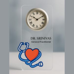Acrylic table clock for general practitioners with stethoscope and heart illustration and personalized name
