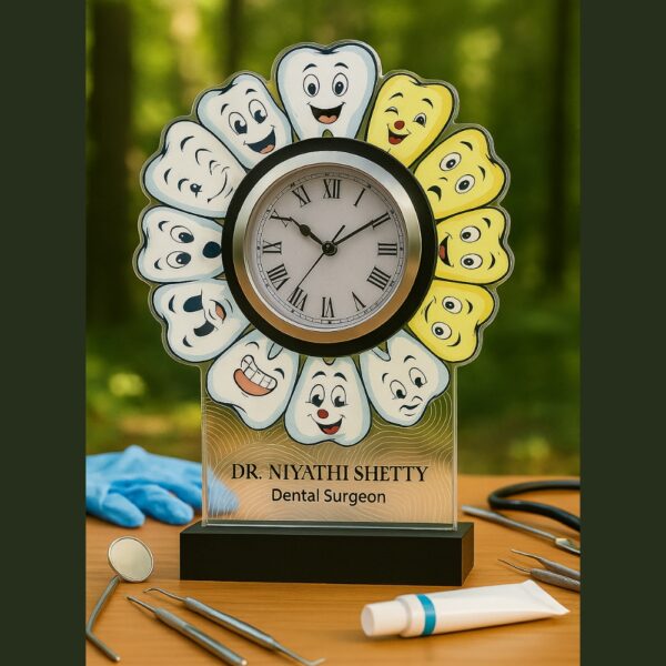 Acrylic table clock with cartoon dental emojis and personalized name for dental surgeons