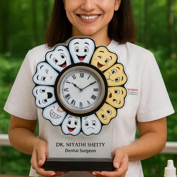 Acrylic table clock with cartoon dental emojis and personalized name for dental surgeons