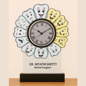 Acrylic table clock with cartoon dental emojis and personalized name for dental surgeons