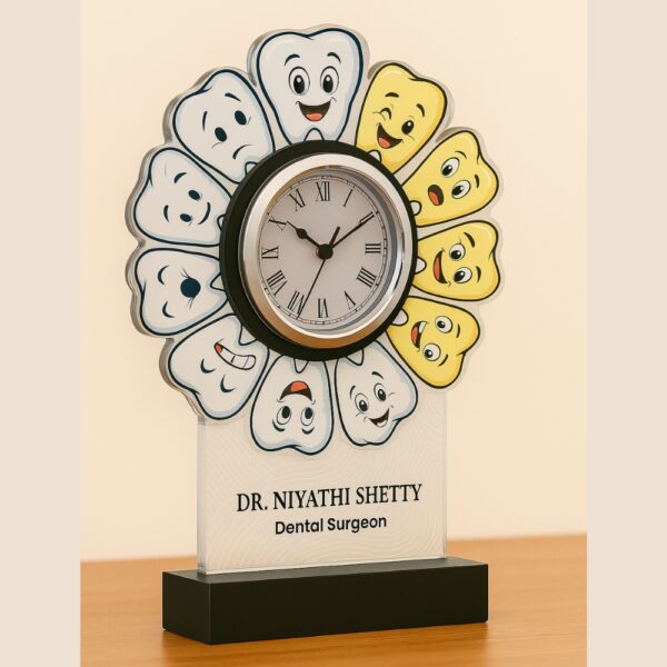 Acrylic table clock with cartoon dental emojis and personalized name for dental surgeons