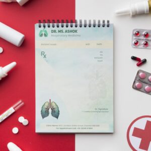Personalized respiratory medicine prescription pad featuring lungs illustration, green tones, and Dr. MS. Ashok’s name and contact details on an A4-sized layout.