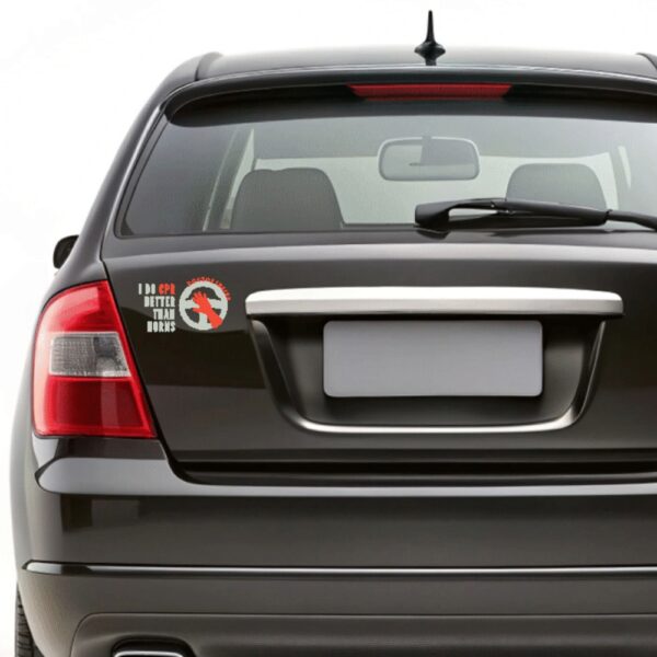 Square doctor car sticker with “I do CPR better than horns” message, CPR hand on steering wheel, and “Doctor Inside” arc – made for medical professionals’ vehicles.