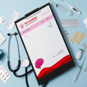 Personalized prescription pad in white and red theme with a pink brain icon, designed for Dr. M. Nivedika, General Practitioner, featuring patient details and clinic branding.