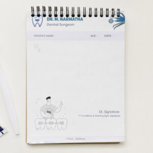 Personalized dental prescription pad for Dr. M. Narmatha featuring a cheerful tooth icon, dental tool illustrations, and a clean blue-themed design layout.