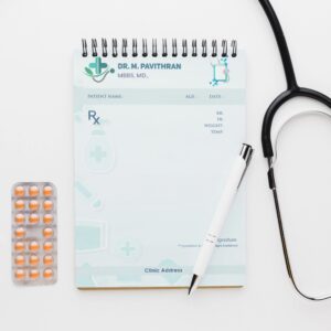 Personalized prescription pad for Dr. M. Pavithran with medical icons, Rx symbol, and structured patient details layout in a soft blue-green color scheme