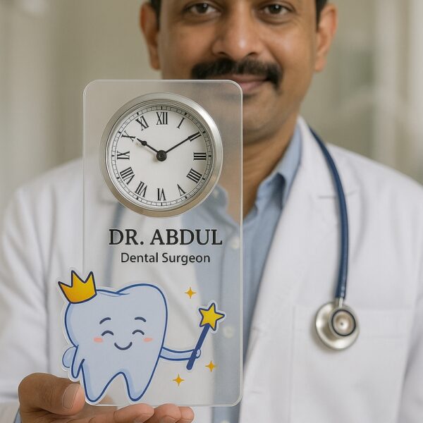 Acrylic table clock for dentists with personalized name, dental cartoon, and Roman numeral clock