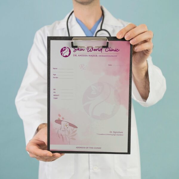 Personalized prescription pad in pink theme with feminine illustration and elegant branding for Dr. Anisha Najeeb, Dermatologist at Skin World Clinic.