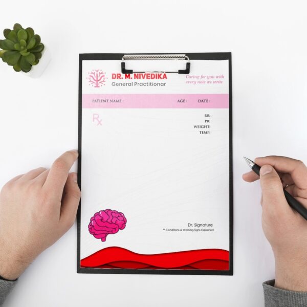 Personalized prescription pad in white and red theme with a pink brain icon, designed for Dr. M. Nivedika, General Practitioner, featuring patient details and clinic branding.