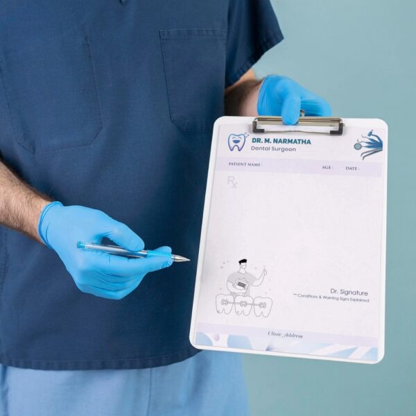 Personalized dental prescription pad for Dr. M. Narmatha featuring a cheerful tooth icon, dental tool illustrations, and a clean blue-themed design layout.