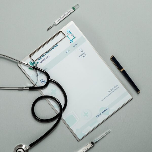 Personalized prescription pad for Dr. M. Pavithran with medical icons, Rx symbol, and structured patient details layout in a soft blue-green color scheme