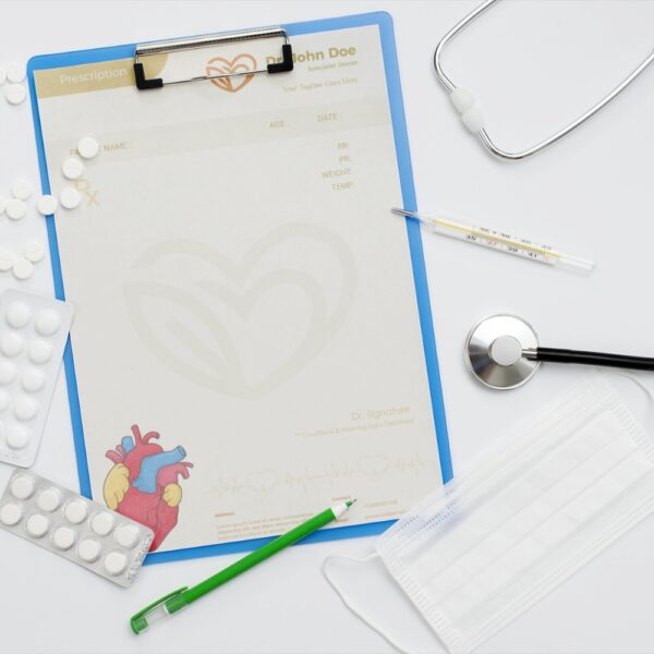 Custom cream-colored prescription pad with a stylized heart illustration and medical details layout for a specialist doctor.