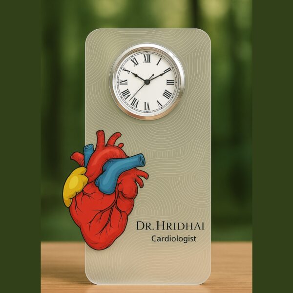 Acrylic table clock for cardiologists with anatomical heart illustration and personalized name