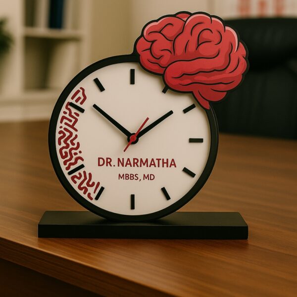 Brain-themed wall clock for doctors with custom name – ideal for clinic or hospital decor