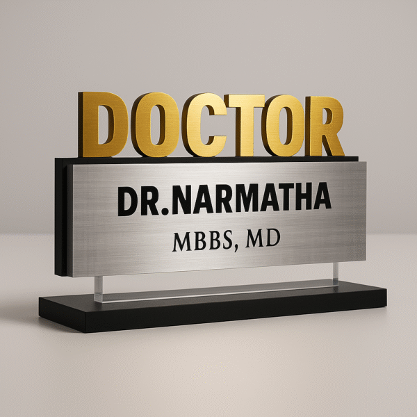 Custom acrylic doctor name plate with bold 3D gold “DOCTOR” letters and silver name panel – premium desk sign for clinics and hospitals