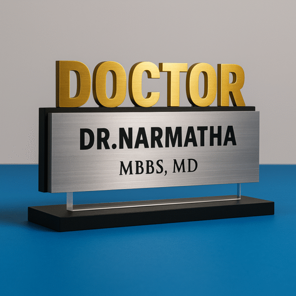 Custom acrylic doctor name plate with bold 3D gold “DOCTOR” letters and silver name panel – premium desk sign for clinics and hospitals