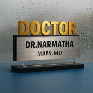 Custom acrylic doctor name plate with bold 3D gold “DOCTOR” letters and silver name panel – premium desk sign for clinics and hospitals