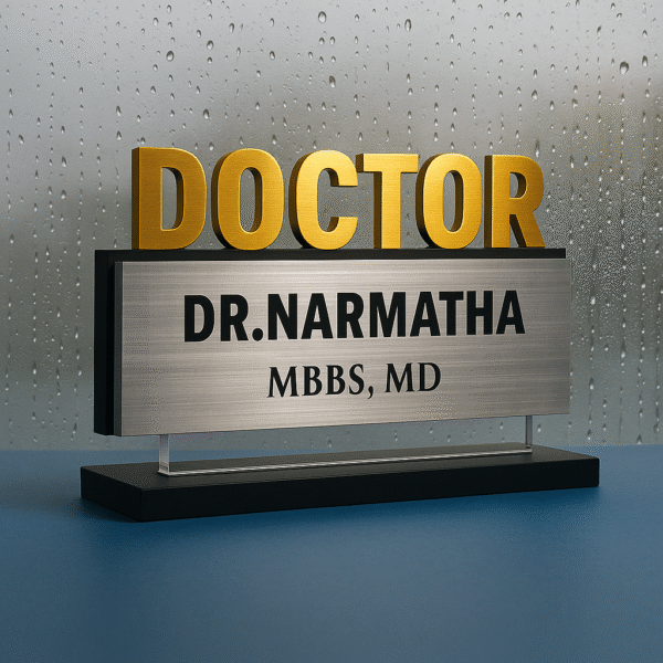Custom acrylic doctor name plate with bold 3D gold “DOCTOR” letters and silver name panel – premium desk sign for clinics and hospitals