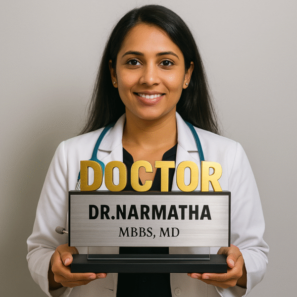 Custom acrylic doctor name plate with bold 3D gold “DOCTOR” letters and silver name panel – premium desk sign for clinics and hospitals