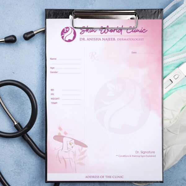 Personalized prescription pad in pink theme with feminine illustration and elegant branding for Dr. Anisha Najeeb, Dermatologist at Skin World Clinic.