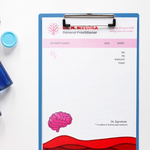 Personalized prescription pad in white and red theme with a pink brain icon, designed for Dr. M. Nivedika, General Practitioner, featuring patient details and clinic branding.