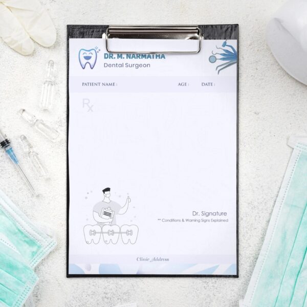 Personalized dental prescription pad for Dr. M. Narmatha featuring a cheerful tooth icon, dental tool illustrations, and a clean blue-themed design layout.