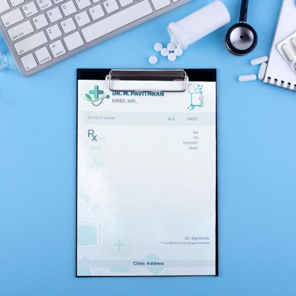 Personalized prescription pad for Dr. M. Pavithran with medical icons, Rx symbol, and structured patient details layout in a soft blue-green color scheme