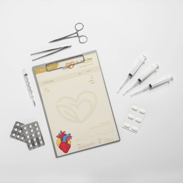 Custom cream-colored prescription pad with a stylized heart illustration and medical details layout for a specialist doctor.