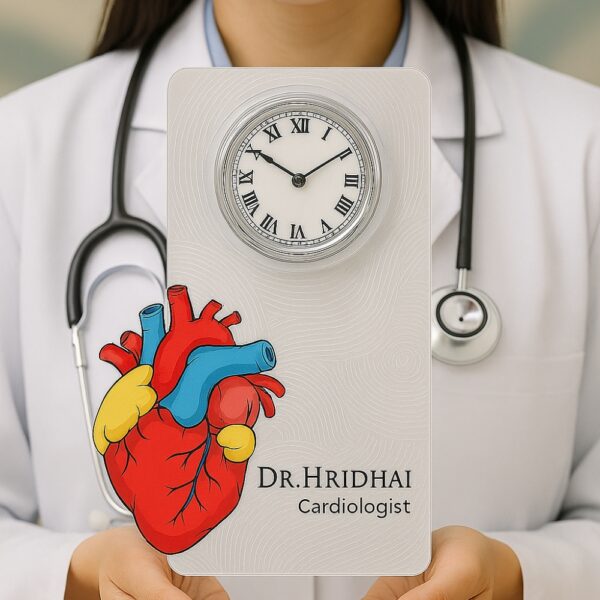 Acrylic table clock for cardiologists with anatomical heart illustration and personalized name