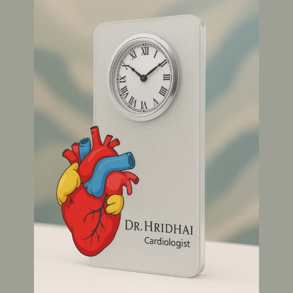 Acrylic table clock for cardiologists with anatomical heart illustration and personalized name