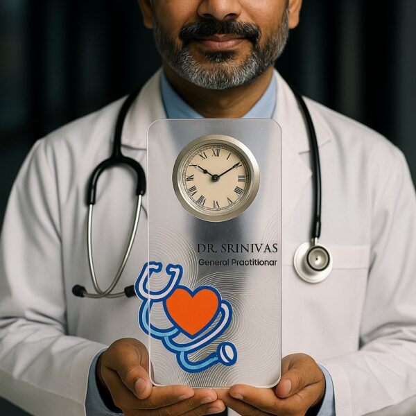 Acrylic table clock for general practitioners with stethoscope and heart illustration and personalized name