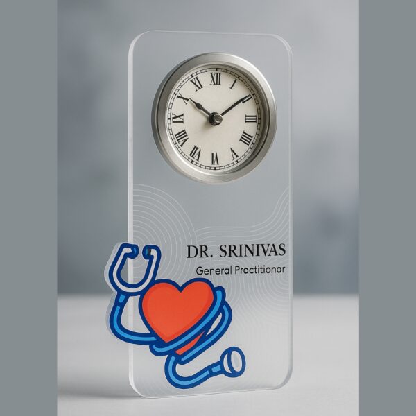 Acrylic table clock for general practitioners with stethoscope and heart illustration and personalized name