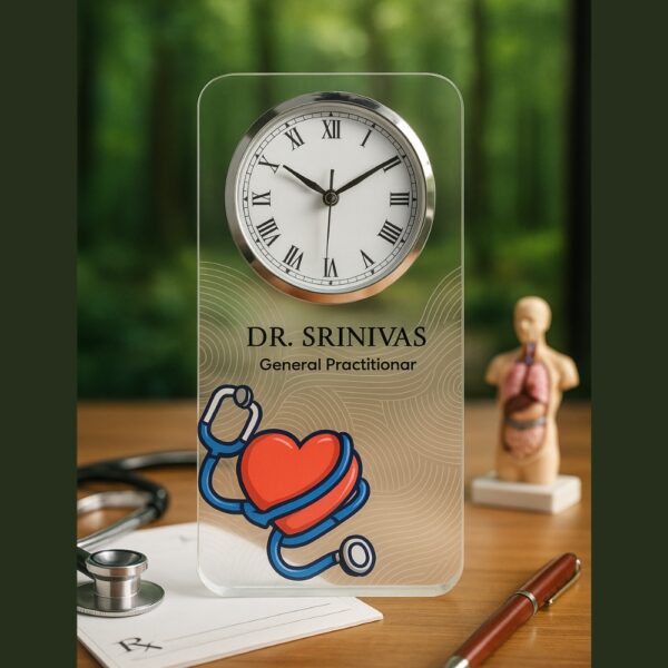 Acrylic table clock for general practitioners with stethoscope and heart illustration and personalized name