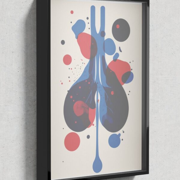 Modern abstract illustration of human lungs in red and blue with artistic ink splashes – medical wall decor