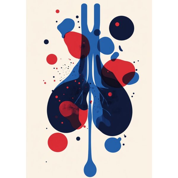 Modern abstract illustration of human lungs in red and blue with artistic ink splashes – medical wall decor