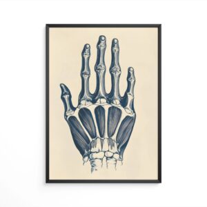 Detailed anatomical illustration of hand bones and muscles in monochrome – orthopedic wall art for doctors