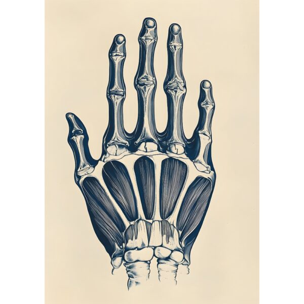 Detailed anatomical illustration of hand bones and muscles in monochrome – orthopedic wall art for doctors