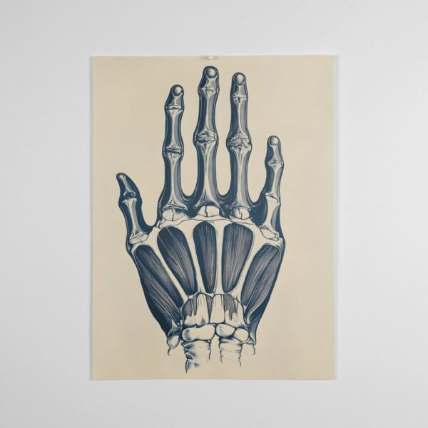 Detailed anatomical illustration of hand bones and muscles in monochrome – orthopedic wall art for doctors