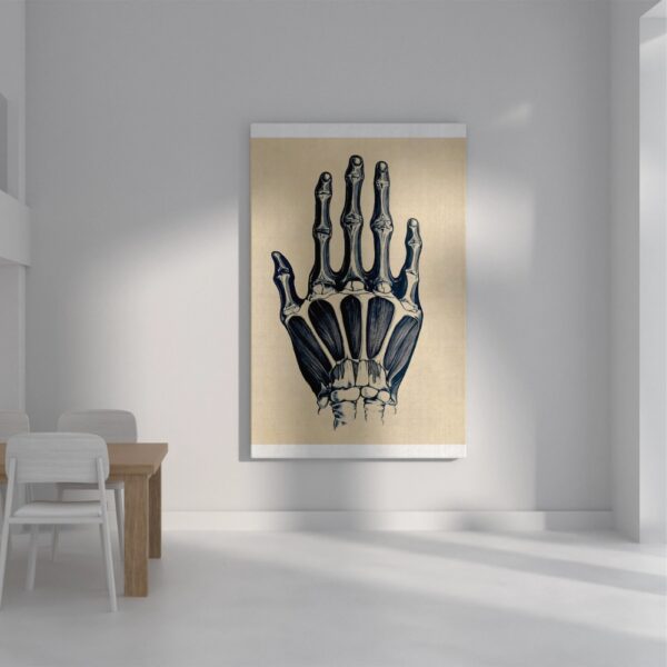 Detailed anatomical illustration of hand bones and muscles in monochrome – orthopedic wall art for doctors