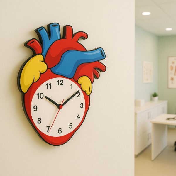 Colorful cartoon-style anatomical heart wall clock for doctors – ideal for pediatric clinics and hospitals