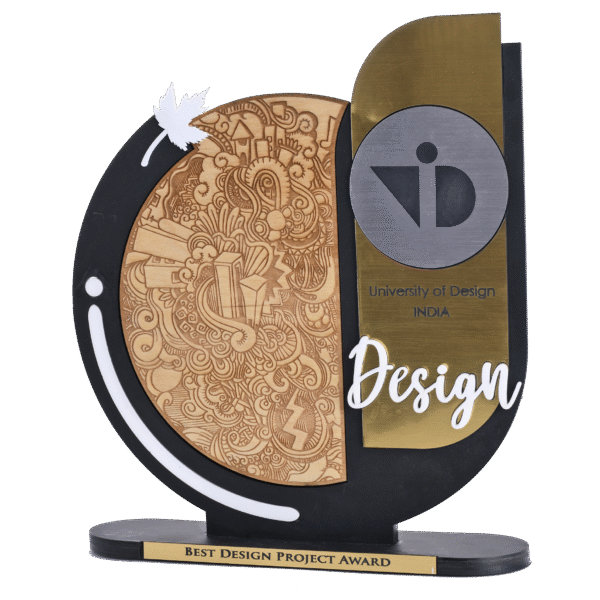 Modern artistic trophy with wood-engraved doodle, gold detailing, and “Best Design Project Award” tag, created for University of Design India.