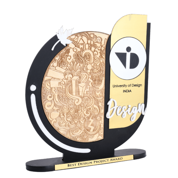 Modern artistic trophy with wood-engraved doodle, gold detailing, and “Best Design Project Award” tag, created for University of Design India.