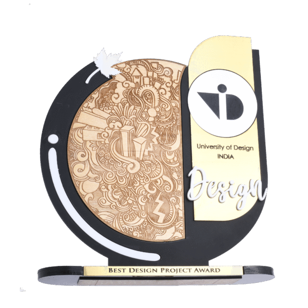 Modern artistic trophy with wood-engraved doodle, gold detailing, and “Best Design Project Award” tag, created for University of Design India.