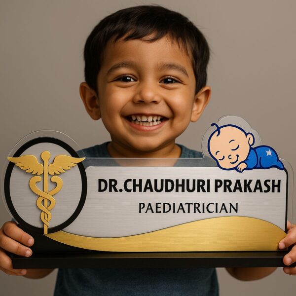 Pediatrician desk name plate with sleeping baby and caduceus design in gold and silver acrylic
